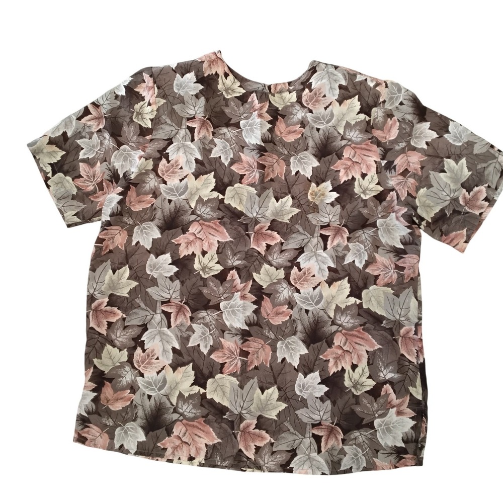 Quo-Silk Womens 100% Silk Maple Leaf Print Short Sleeve Blouse Brown Vintage S